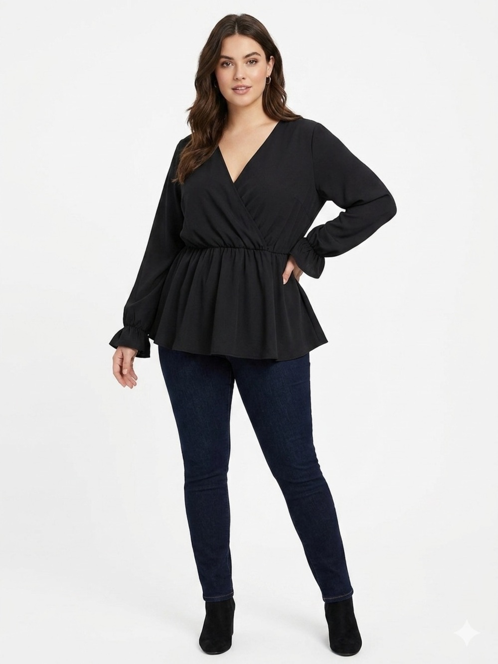 Scomchic NWOT Classic Black Long-Sleeve Peplum Wrap Blouse